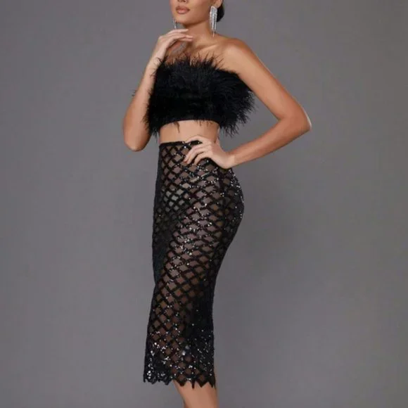 Black fuzzy Feather Trim Crop Tube Top & Sexy Sequin Pencil Skirt - Picture 2 of 9